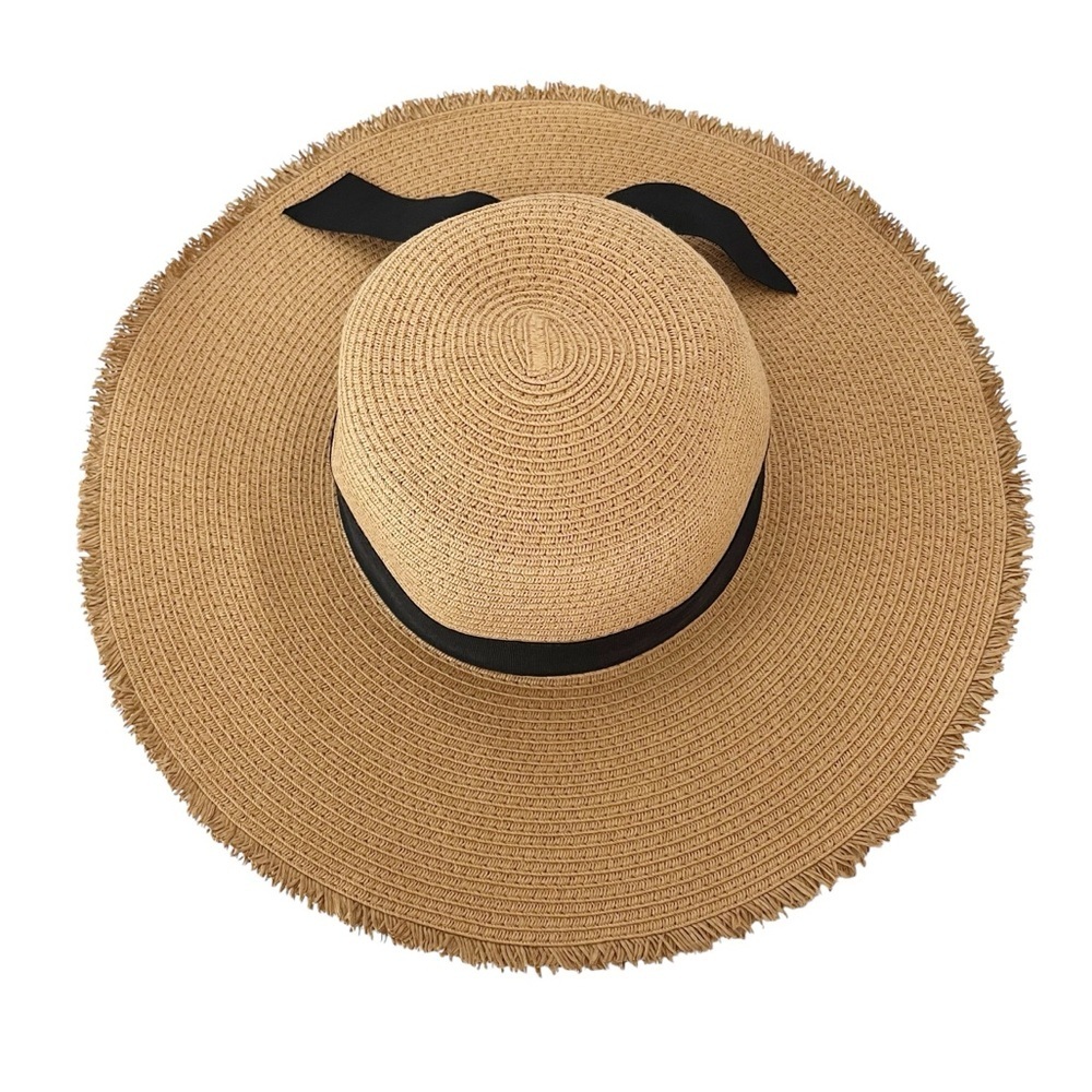 LOFT Straw Floppy Hat Tan Frayed Edge Packable Black Ribbon Summer Beach Light